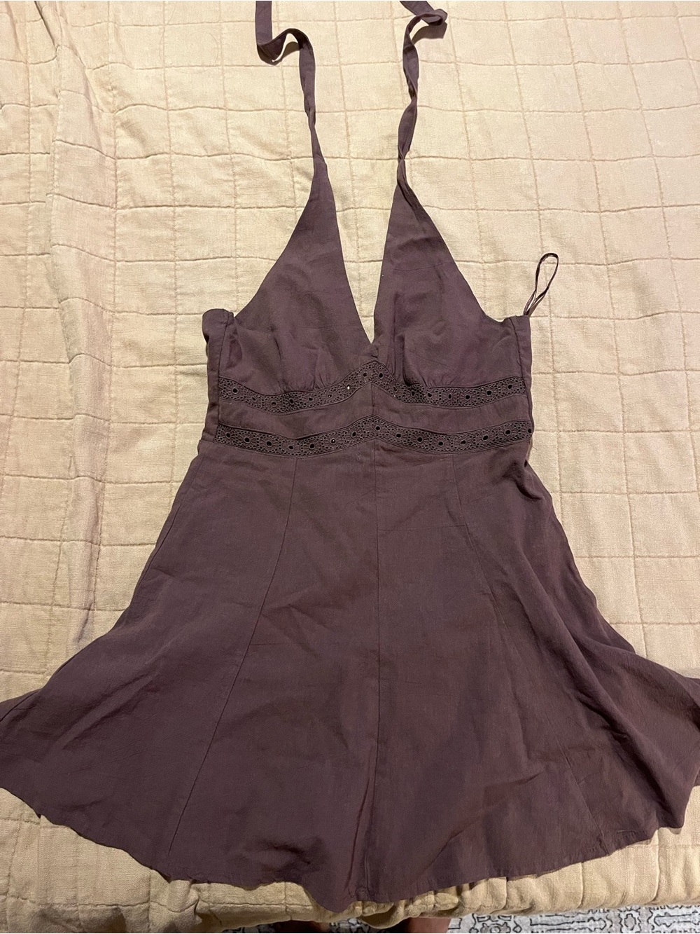 stradivarius Plum Halter V-Neck Eyelet Waist Slip Dress